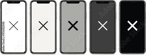 A set of five mobile devices with different screen colors displaying a cross symbol in various shades