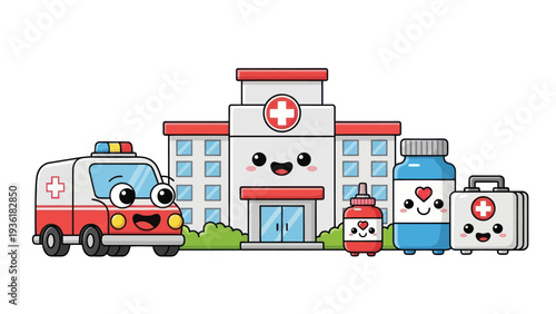 Cute Kawaii Hospital Building with Ambulance and Medical Supplies Characters.