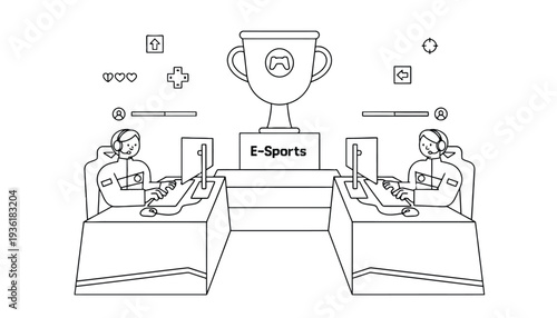 E-Sports gamers competing in a tournament with a trophy