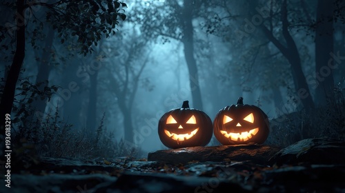 Halloween pumpkins with glowing faces in foggy spooky forest