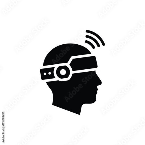 A minimalist black silhouette of a human head wearing a futuristic virtual reality headset high quality