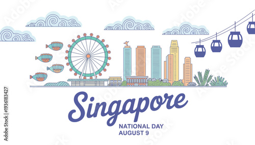 Singapore National Day illustration with colorful cityscape and iconic landmarks