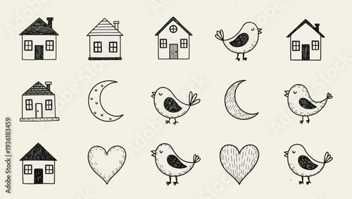 Hand-drawn doodle collection of houses, birds, moons, and hearts in a whimsical style.