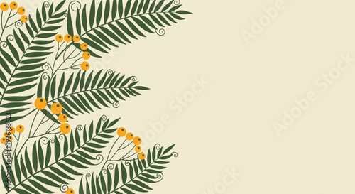 Elegant vector illustration of lush green foliage and vibrant yellow berries forming a beautiful botanical border on a warm, inviting background, ideal for natural designs