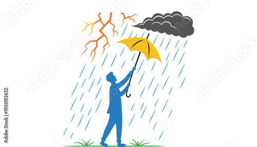 Umbrella vector illustration of a man struggling in heavy rain and thunderstorm