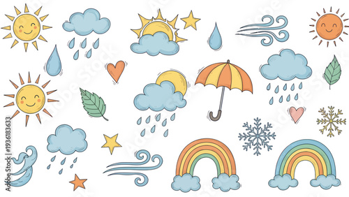 Hand-drawn weather icons set with sun, clouds, rain, wind, and rainbows.