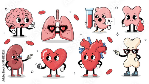 Set of Cute Cartoon Human Organs with Faces and Expressions.