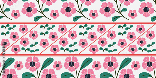 A seamless floral pattern illustration featuring pink and purple flowers with green leaf ornaments creates a beautiful nature-inspired vector design for summer wallpaper or spring decoration art