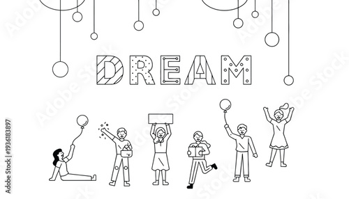 Dream vector illustration of people celebrating with balloons and signs