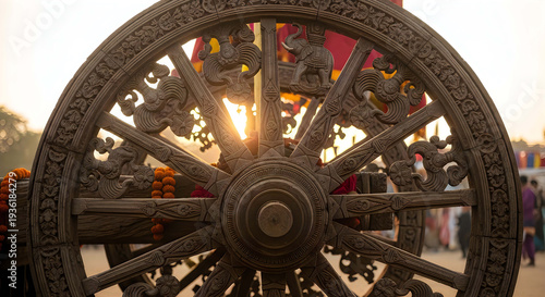 Intricately carved wheel at an indian festival
