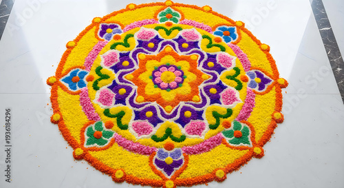 A colorful rangoli design on a white floor