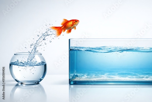 Bright orange goldfish leaping out of a small glass bowl into a larger tank with frozen water droplets, symbolizing innovation and breaking limits.