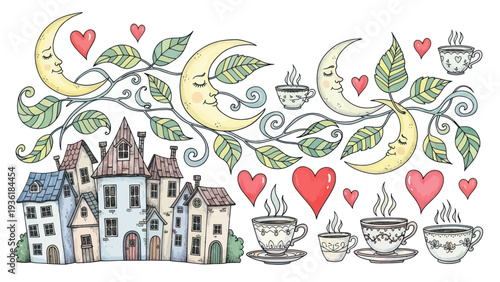 Whimsical Hand-Drawn Illustration of Moonlit Town with Coffee Cups.
