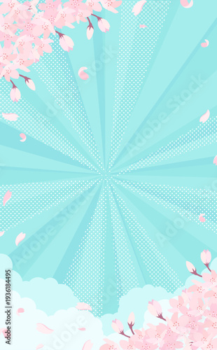 満開の桜と水色の集中線背景_縦