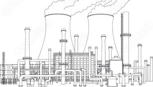 Thermal Power Plant with Cooling Towers and Industrial Pipelines Vector Line Drawing – Monochrome Outline Technical Schematic of Energy Generation Infrastructure, Electricity Production Facility 