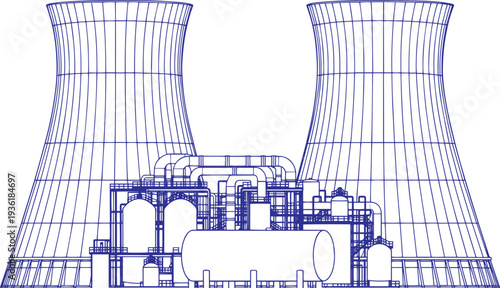 Thermal Power Plant with Cooling Towers and Industrial Pipelines Vector Line Drawing – Monochrome Outline Technical Schematic of Energy Generation Infrastructure, Electricity Production Facility 