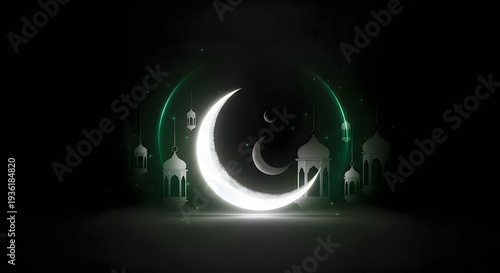 A glowing crescent moon surrounded by trees in the dark