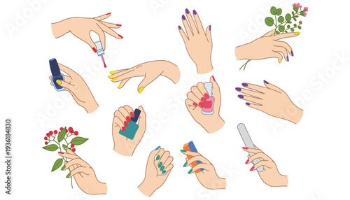 Nail polish vector illustration of hands with colorful painted nails and beauty products