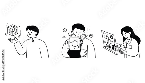 People interacting with augmented reality technology and digital devices