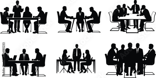 Business meeting silhouettes collection with team discussion office conference negotiation planning corporate teamwork collaboration people working at table