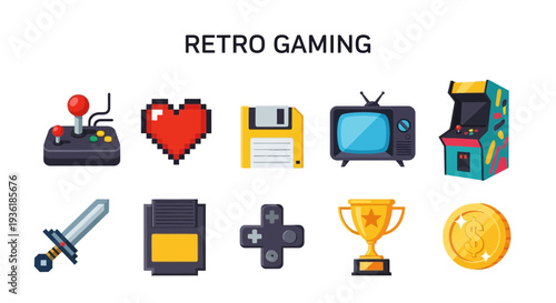 Row of ten flatstyle retro gaming icons on a white background