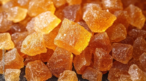 Close Up Macro Shot of Golden Amber Colored Rock Candy Crystals with Sugar Glitter