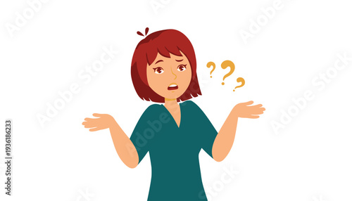 Woman in teal shirt looking confused with question marks around her