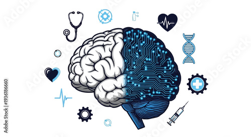 Brain integrated with medical and technological symbols depicting biomedical innovation and neuroscience concepts