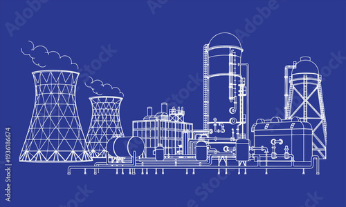 Thermal Power Plant with Cooling Towers and Industrial Pipelines Vector Line Drawing – Monochrome Outline Technical Schematic of Energy Generation Infrastructure, Electricity Production Facility 