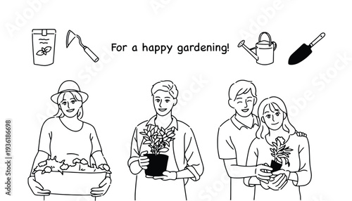 Gardening illustration of people holding plants and gardening tools