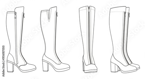 Women Knee High Boots Outline Set, Fashion Footwear Technical Sketch Vector