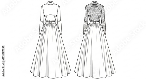 Elegant Long Sleeve Evening Dress Fashion Line Art Illustration