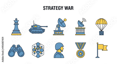 Ten blue and yellow line icons related to strategy and warfare arranged in two rows