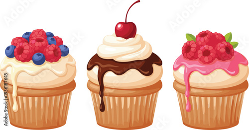 Minimalist hand drawn cupcake vector set featuring gourmet berry toppings for local bakery branding artisanal dessert menu line art illustrations and clean cafe logo designs