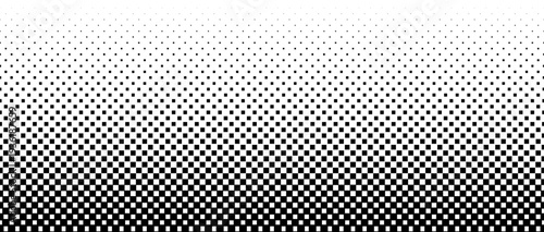 Square pixel halftone gradient texture. Fading checkered gradation wallpaper. Black and white squared dot background. Abstract vanishing comic pop art backdrop. Vector repeated raster effect overlay