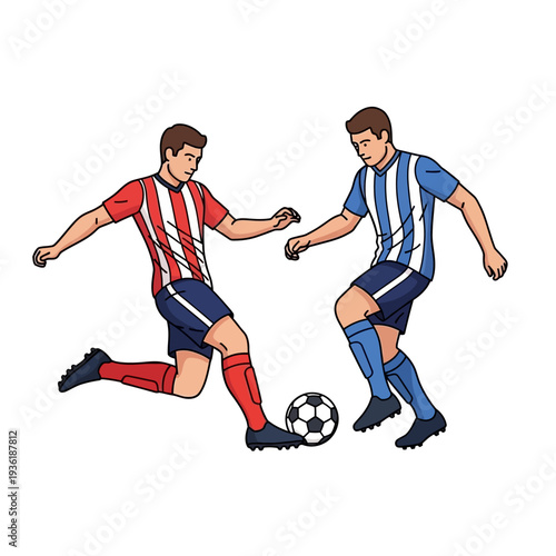 Two soccer players in uniform playing with a ball, illustration, cartoon style