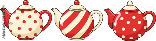 Minimalist hand drawn teapot vector set featuring polka dot and striped ceramic kettles for afternoon tea branding kitchen decor and clean cafe menu line art illustrations