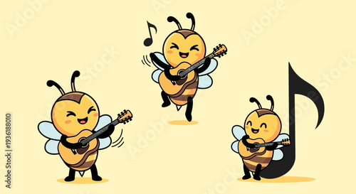Three adorable cartoon bees joyfully perform a lively musical concert together, playing their tiny guitars with cheerful enthusiasm on a warm, inviting background.