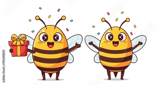 Two adorable, cheerful cartoon bees celebrate a festive occasion, with one presenting a beautifully wrapped gift and confetti falling joyfully around them.