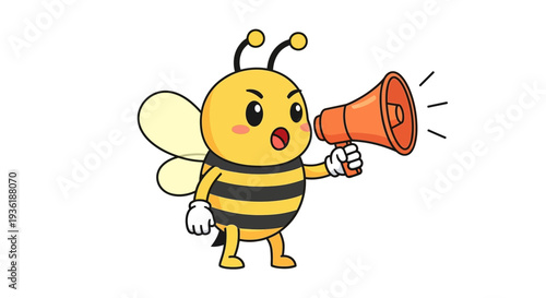 An adorable yet determined cartoon bee character passionately delivers an important message through a bright orange megaphone, capturing attention with its urgent announcement.