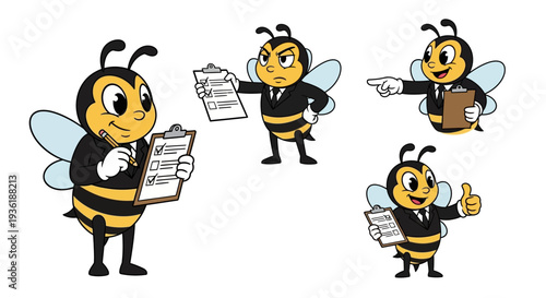 Professional cartoon bee mascot in a business suit, shown checking a clipboard, pointing, expressing anger, and giving a thumbs-up.