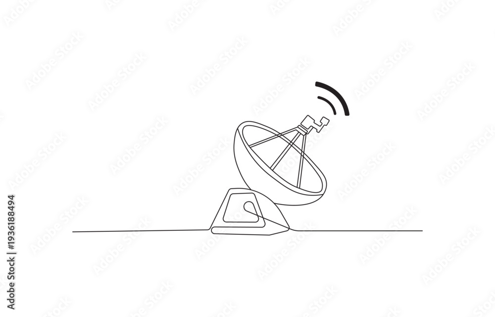 Obraz premium A simple line drawing of a satellite dish emitting signals into the air on a white background.