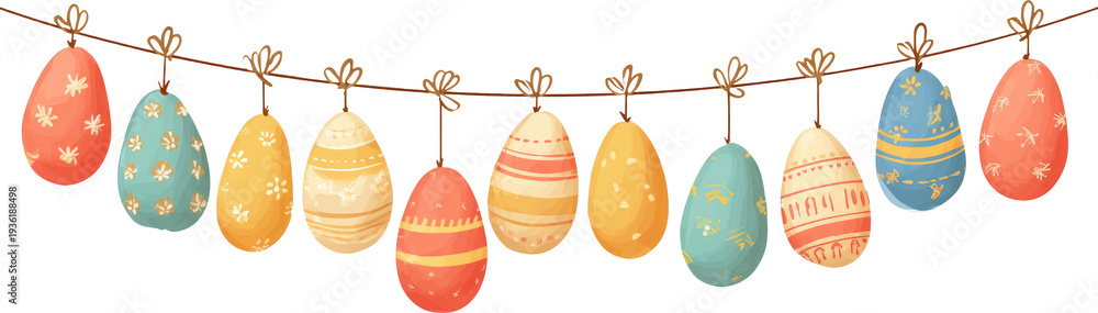 Fototapeta premium Colorful Easter egg garland with patterns hanging on string for festive decoration