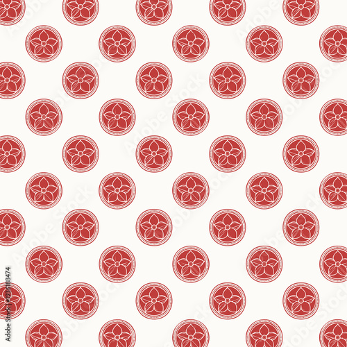 Seamless Japanese kamon pattern, traditional circular crests arranged in clean grid layout, flat vector style, muted earthy color palette, symmetrical composition, minimal geometric design