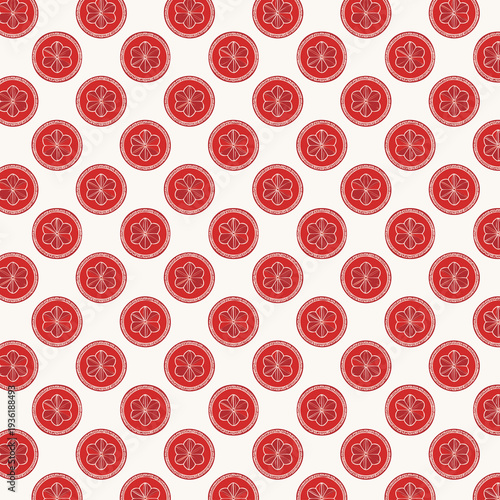 Seamless Japanese kamon pattern, traditional circular crests arranged in clean grid layout, flat vector style, muted earthy color palette, symmetrical composition, minimal geometric design