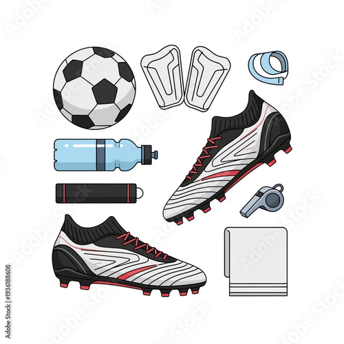 Soccer Football Gear Flat Lay - Ball, Cleats, Shin Guards, Whistle, Water Bottle, Towel