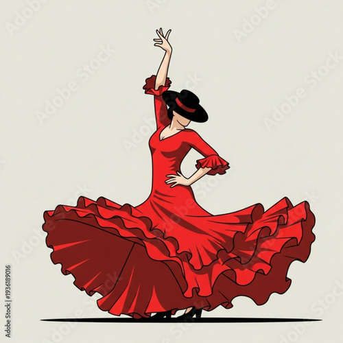 Spanish Flamenco Dancer in Red Dress Traditional Dance Illustration