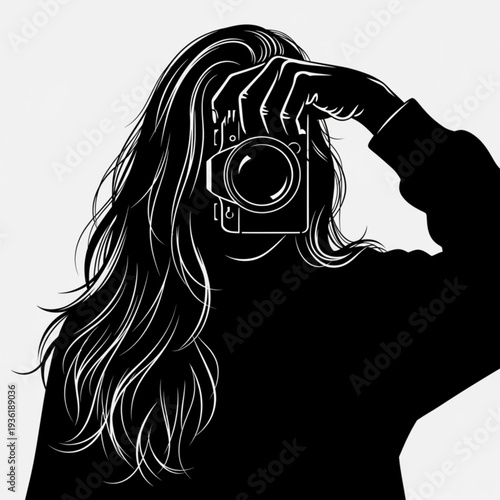 Female Photographer Taking Picture with Camera Silhouette Illustration