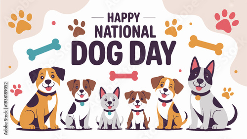 Happy national dog day celebration with diverse group of dogs and bones on white background