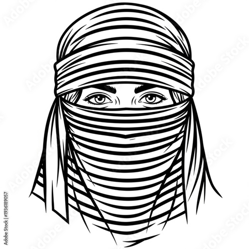 Arab Woman Wearing Traditional Veil and Head Scarf Line Art Illustration